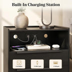 26 Inch Tall Black Oak Nightstands Set of 2 with Charging Station | Matching pair for a streamlined bedroom look; each 24 inch wide table has tray top, open shelf, and 2 drawers