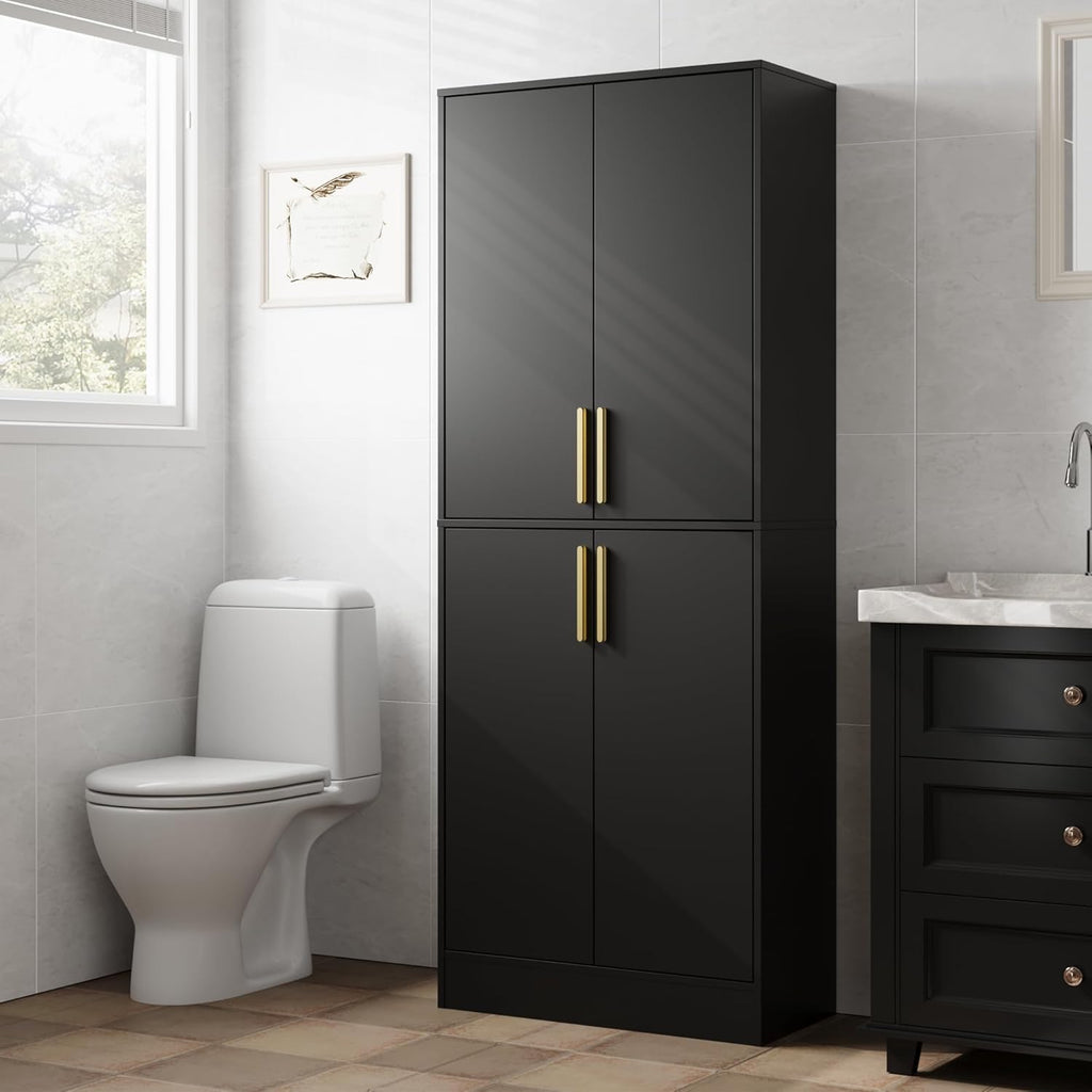 Housoul 71" Tall Pantry Cabinet, 4 Doors Kitchen Pantry Storage Cabinet, Freestanding Larder Cupboard, Kitchen Hutch with Gold Handles for Dining Room, Bathroom, Black