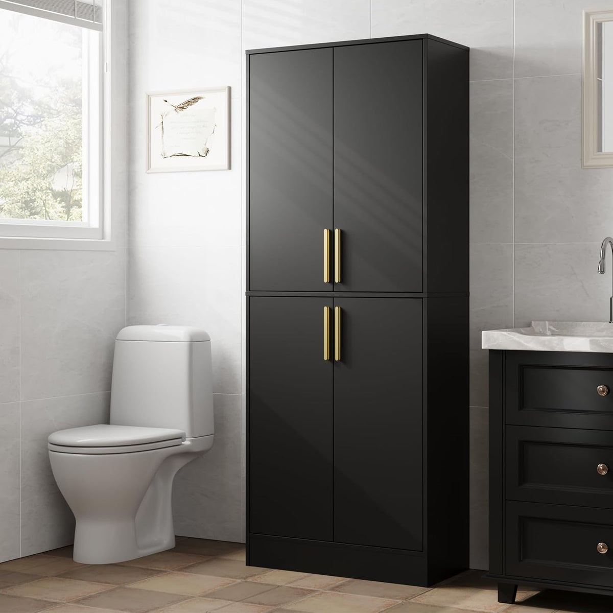 Housoul 71" Tall Pantry Cabinet, 4 Doors Kitchen Pantry Storage Cabinet, Freestanding Larder Cupboard, Kitchen Hutch with Gold Handles for Dining Room, Bathroom, Black