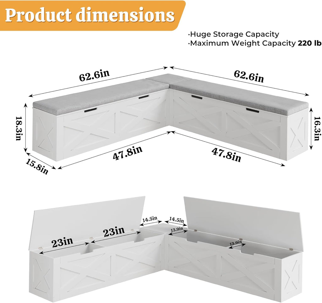 Bobve L-Shape Storage Bench with Cushion, Backless Corner Dining Bench, Kitchen Dining Nook Bench with Hidden Storage for Dining Room, Kitchen, Entryway (White+Grey)