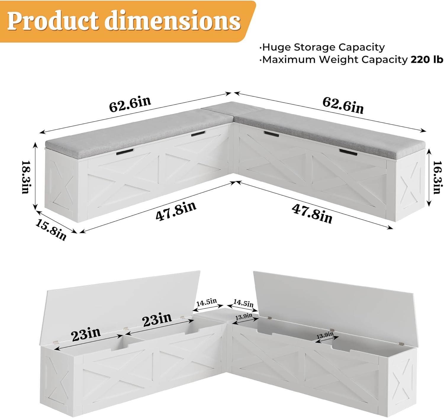 Bobve L-Shape Storage Bench with Cushion, Backless Corner Dining Bench, Kitchen Dining Nook Bench with Hidden Storage for Dining Room, Kitchen, Entryway (White+Grey)