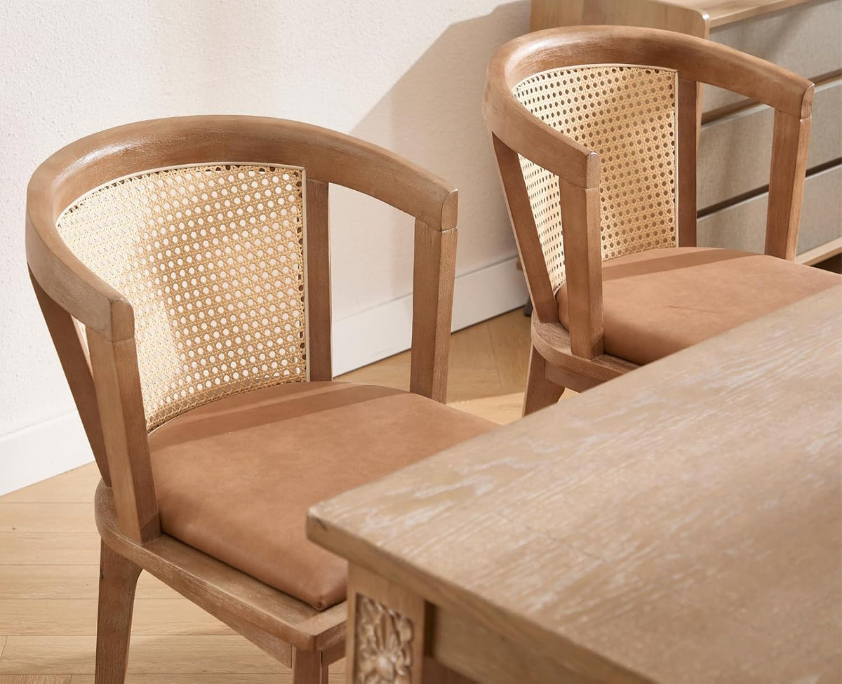 CIMOTA Mid-Century Modern Rattan Wood Dining Chairs Set of 4, Farmhouse Kitchen Chairs with Barrel Cane Backrest/Leather Upholstered Seat/Oak Finish for Dining Room/Cafe/Bistro,PU Brown