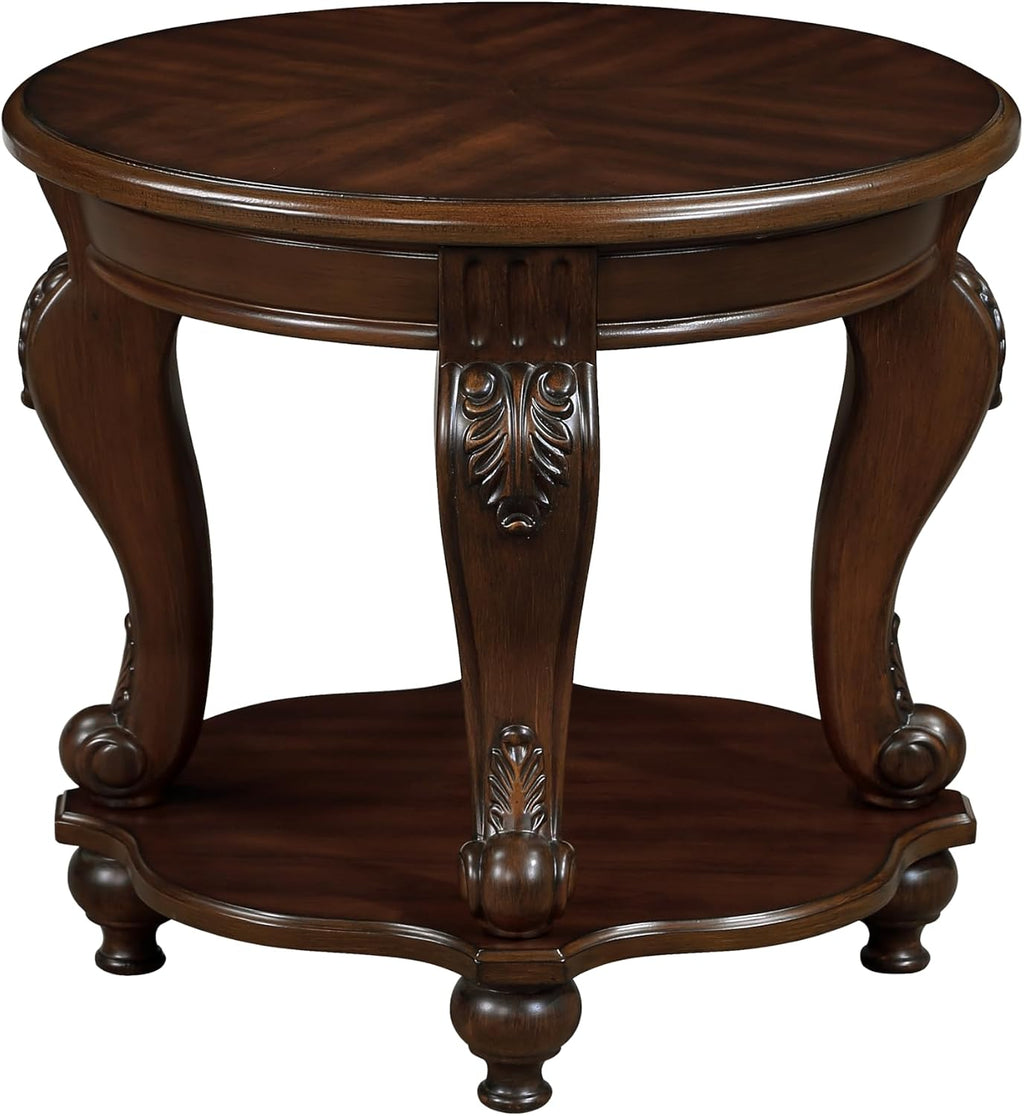 JIJIWANG Wood Round Sofa Table with Antique Carved Legs Oval End Table with Buttom Shelf for Small Space, Cherry