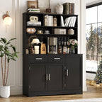 Tall Pantry Cabinet, Modern Kitchen Hutch with Microwave Stand, Kitchen Pantry Storage Cabinet with 2 Darwers & Door Shelf, Food Pantry with Goblet Holders & Adjustable Shelves for Dining Room, Black