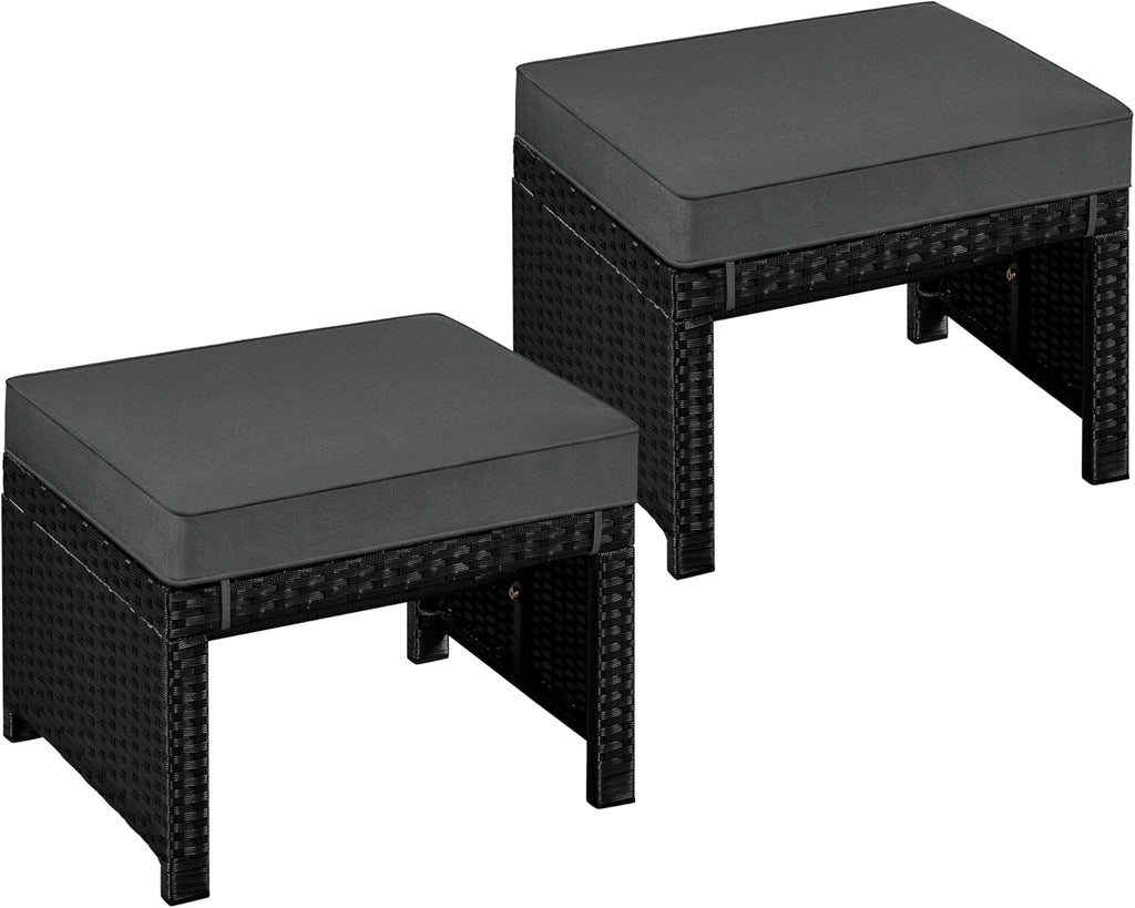 Yaheetech Wicker Ottomans, Set of 2 Footrest with Removable Cushion, 2pcs PE Rattan Side Table Additional Seating Multipurpose Outdoor Furniture for Patio, Backyard, Black/Gray