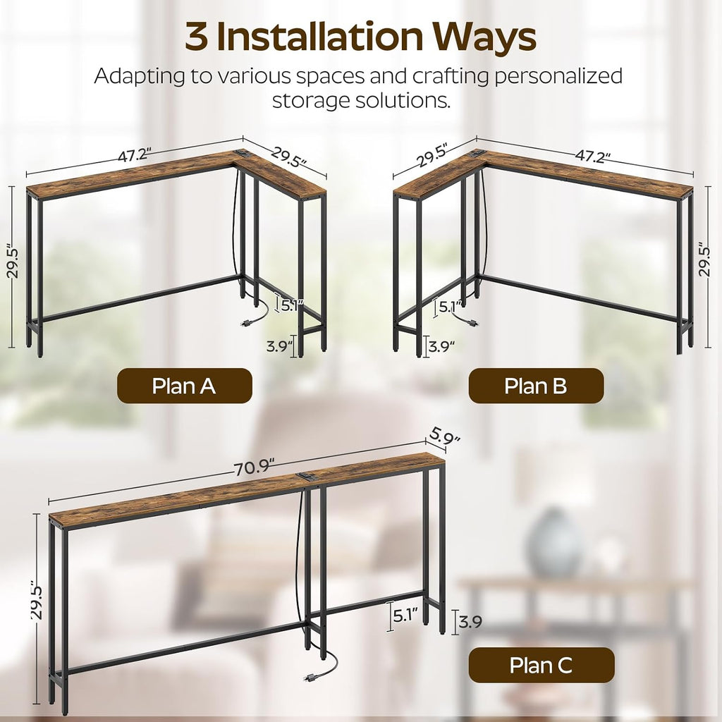 YATINEY Narrow Console Table with Outlets, 70.9" Sofa Table Narrow Long, L Shaped Behind Couch Entryway Table with Charging Station, for Living Room, Hallway, 3 Assembly Options, Rustic Brown CT07UBR