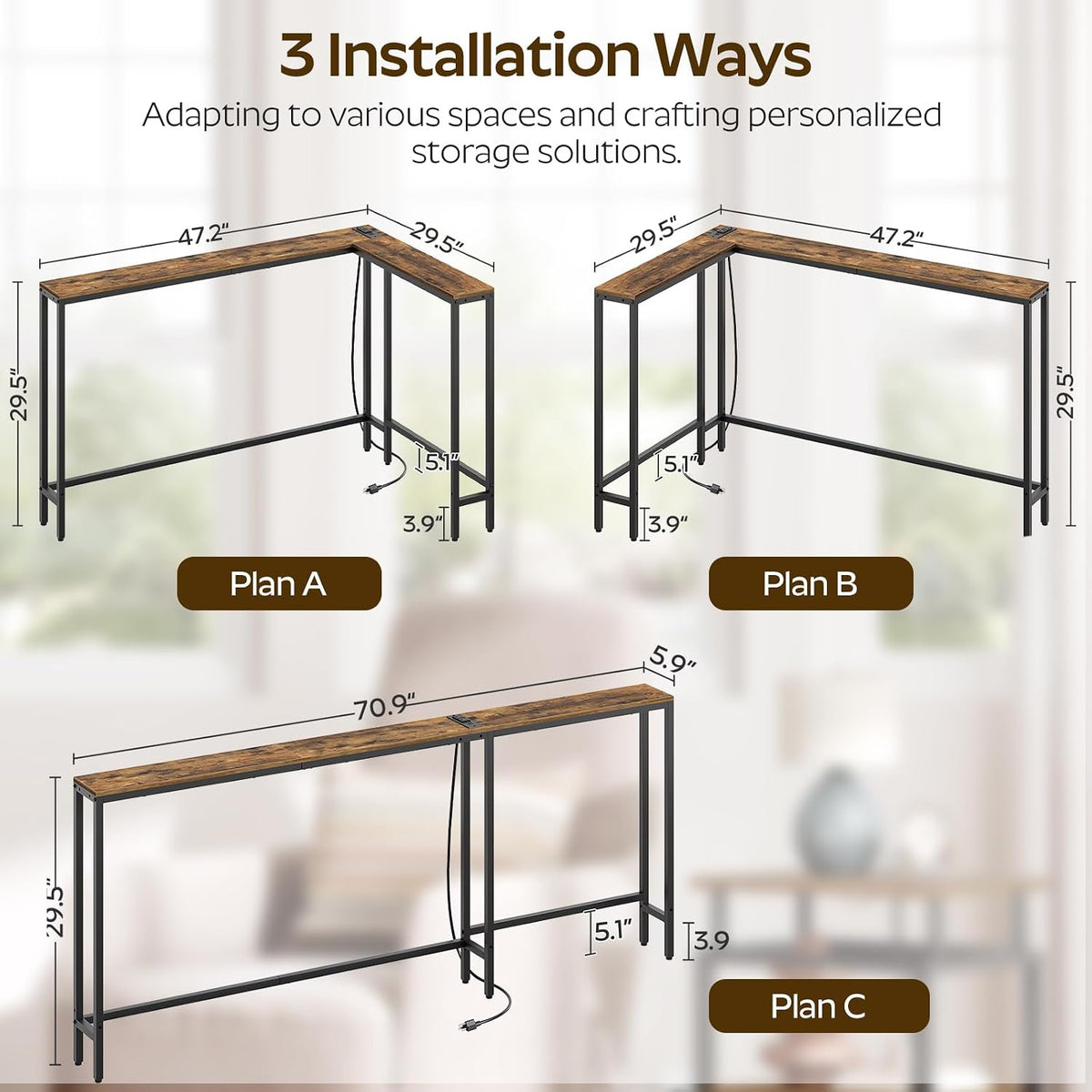 YATINEY Narrow Console Table with Outlets, 70.9" Sofa Table Narrow Long, L Shaped Behind Couch Entryway Table with Charging Station, for Living Room, Hallway, 3 Assembly Options, Rustic Brown CT07UBR