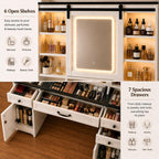 Vanity with Sliding Barn Mirror, Glass Top Makeup Desk with Outlet & Charging Station, 3-Color Lights, 7 Drawers & Shelves for Bedroom, Modern Adjustable Storage Dresser Table