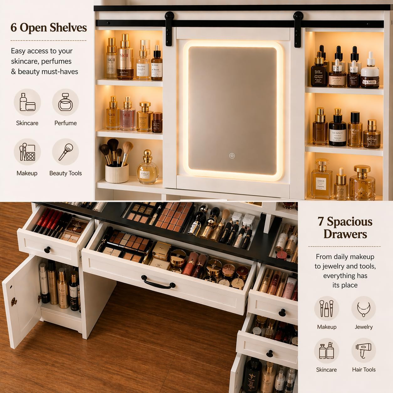 Vanity with Sliding Barn Mirror, Glass Top Makeup Desk with Outlet & Charging Station, 3-Color Lights, 7 Drawers & Shelves for Bedroom, Modern Adjustable Storage Dresser Table