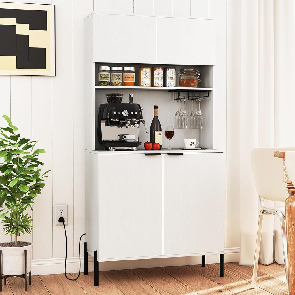 LOKO 64.5” Tall Kitchen Pantry Cabinet, Buffet Sideboard with Charging Station, Modern Wine Bar Cabinet with Wine Glass Rack, Kitchen Hutch Cupboard for Dining Room, Living Room (White)