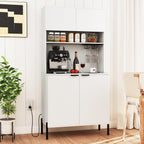 LOKO 64.5” Tall Kitchen Pantry Cabinet, Buffet Sideboard with Charging Station, Modern Wine Bar Cabinet with Wine Glass Rack, Kitchen Hutch Cupboard for Dining Room, Living Room (White)
