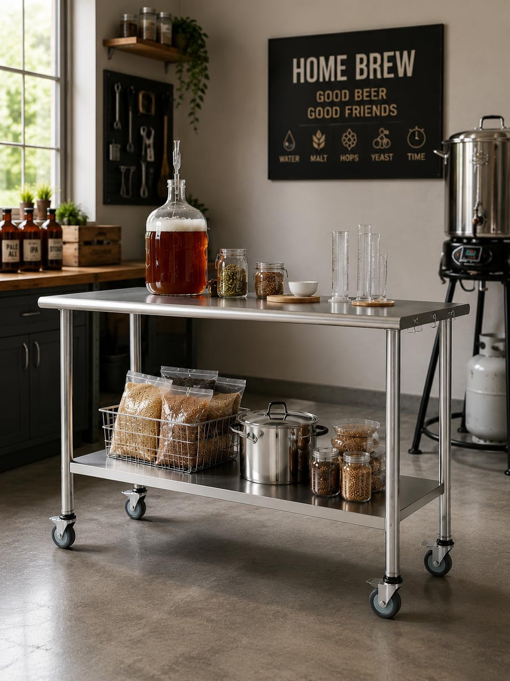 Atelicf NSF Stainless Steel Prep Table 24X48 inch, Flat Top & Casters | Mobile commercial-grade table for restaurants, kitchens, food trucks, breweries, bars, garages, and BBQ