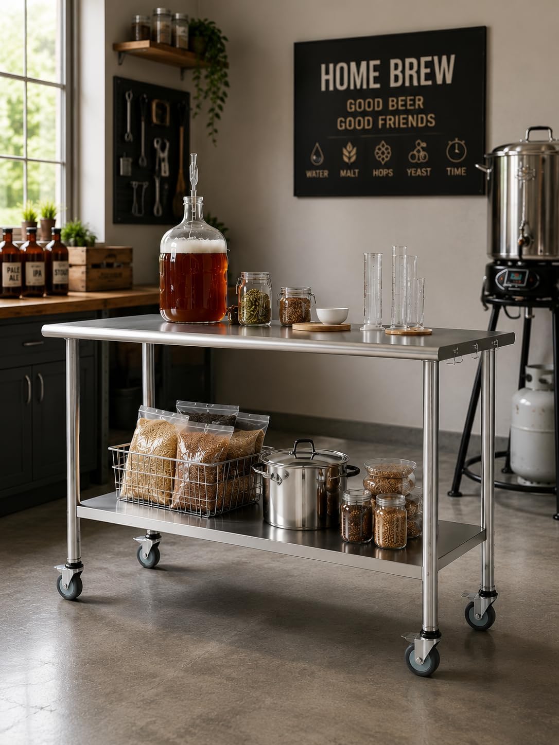 Atelicf NSF Stainless Steel Prep Table 24X48 inch, Flat Top & Casters | Mobile commercial-grade table for restaurants, kitchens, food trucks, breweries, bars, garages, and BBQ