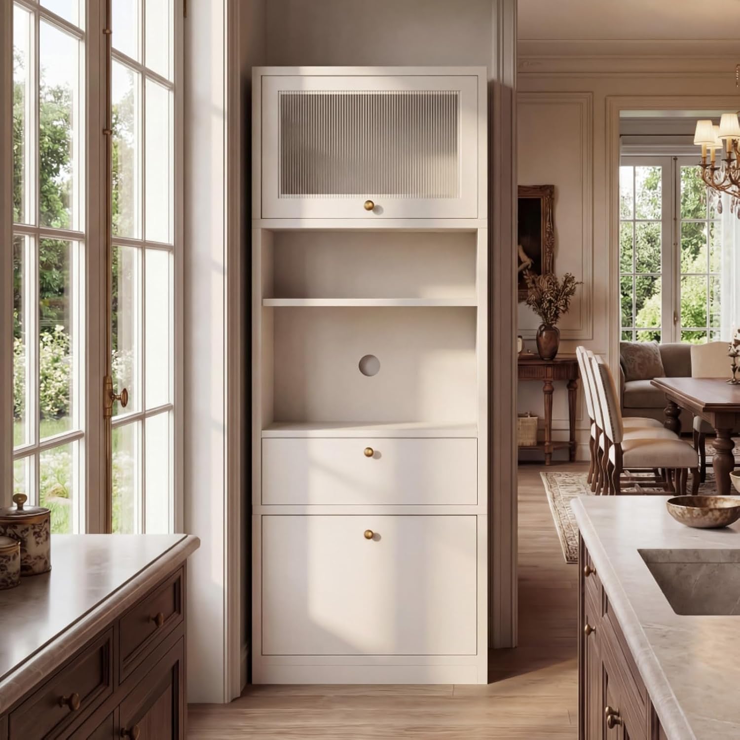 71" Freestanding Kitchen Pantry Cabinet Tall Food Pantries w/Doors&Cabinets for Dining Room, Modern Kitchenware Server Utility Organizer w/Adjustable Shelves,Microwave Stand & Open Countertop for Home