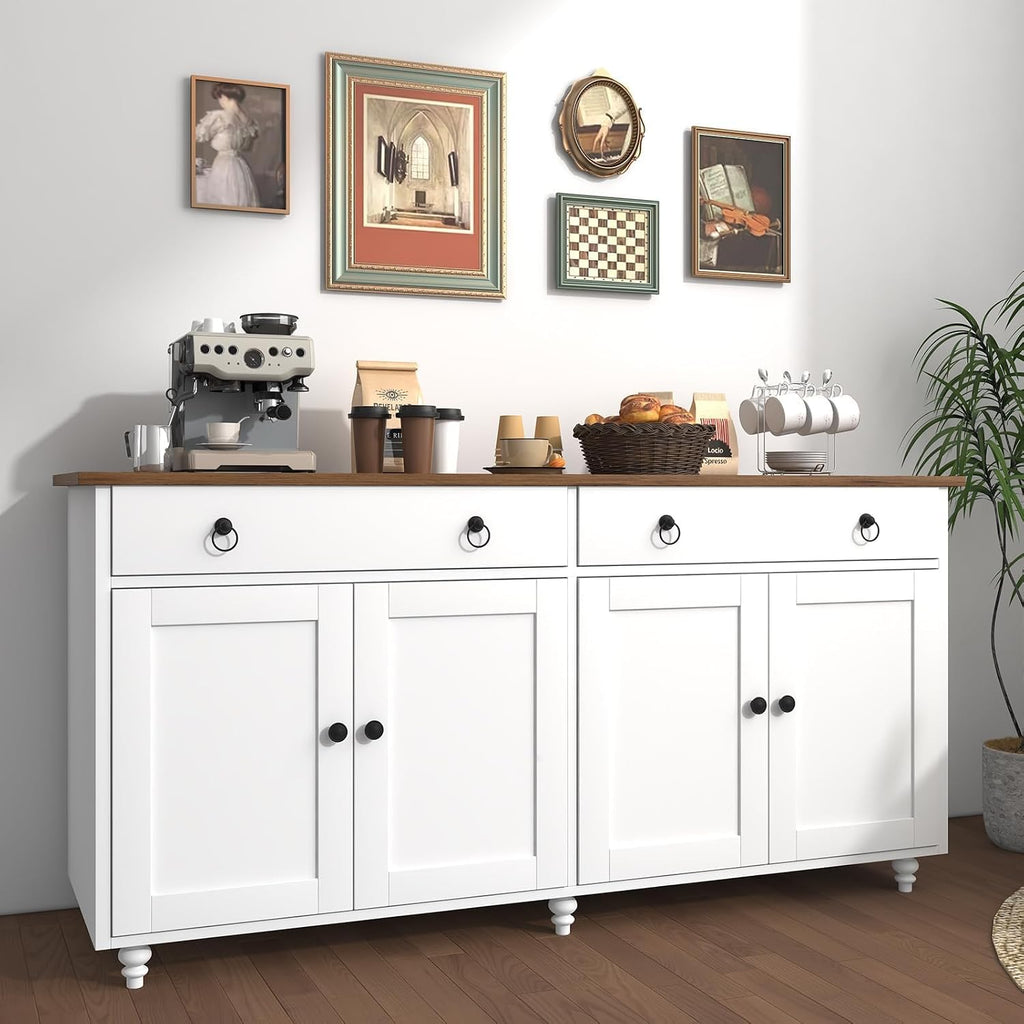 4 EVER WINNER Buffet Cabinet with Storage, 55'' Sideboard Buffet Cabinet with 2 Drawers, Coffee Bar Cabinet with 4 Doors, Kitchen Buffet Cabinet for Living Room, White