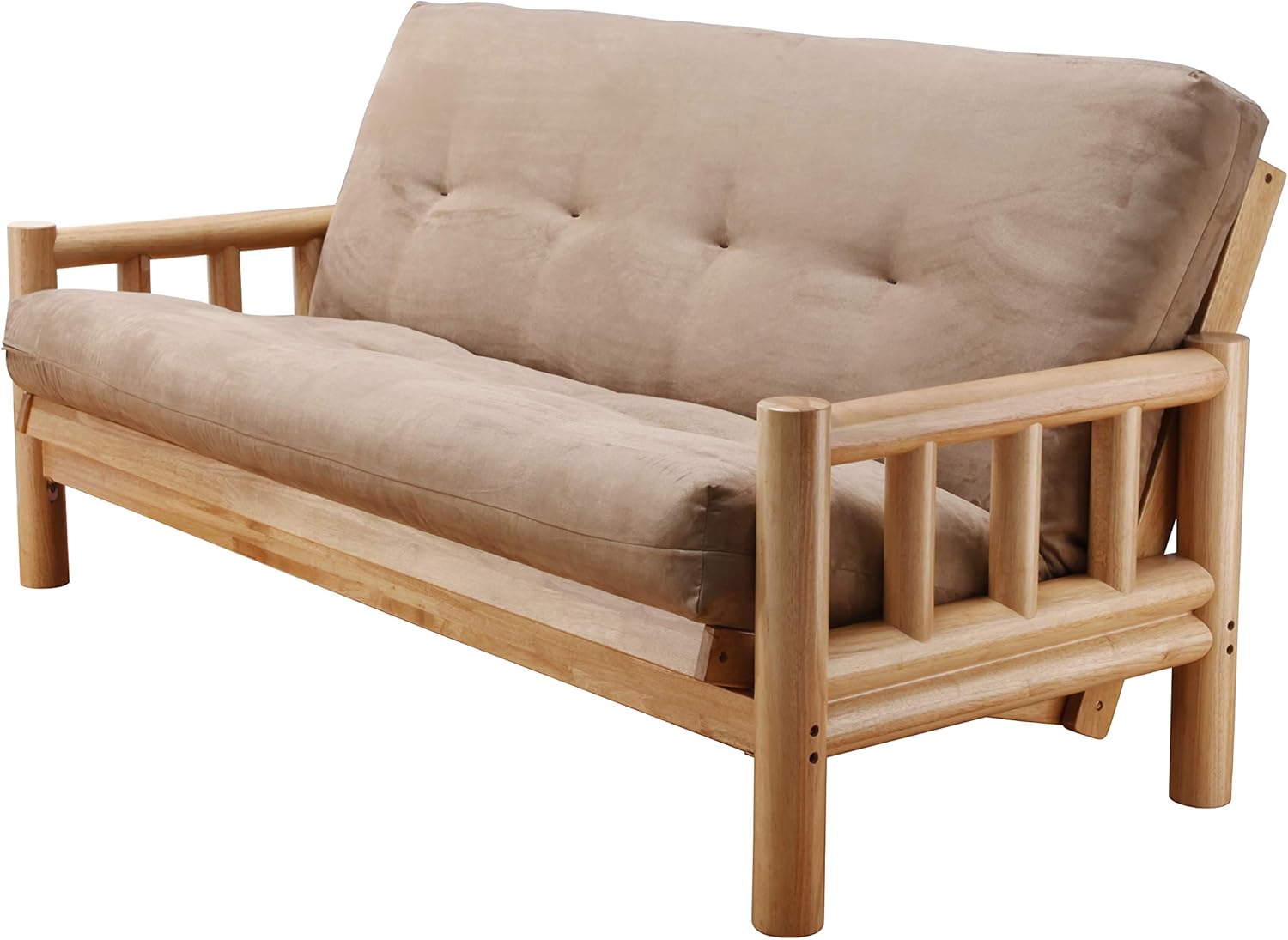 Chalet Complete Futon - Frame and Mattress Set - Log Like with Innerspring Full Size Sofa Bed Sleeper (Beige)