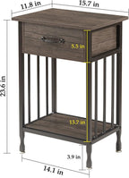 VECELO Nightstands, Industrial Side Table/End Tables with Drawer and Storage Shelf, Night Stands for Bedroom, Living Room, Wood Metal Furniture, Easy Assembly,Gray,1 Set