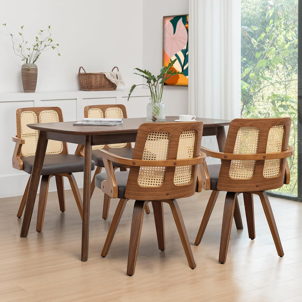 Walnut Dining Chairs - Swivel Rattan Dining Chairs with Bentwood Frame with Ergonomic Cane Back, Curved Arms, MCM Dining Chairs for Kitchen/Restaurant/Living Room/Conference (Walnut Brown, Set of 4)