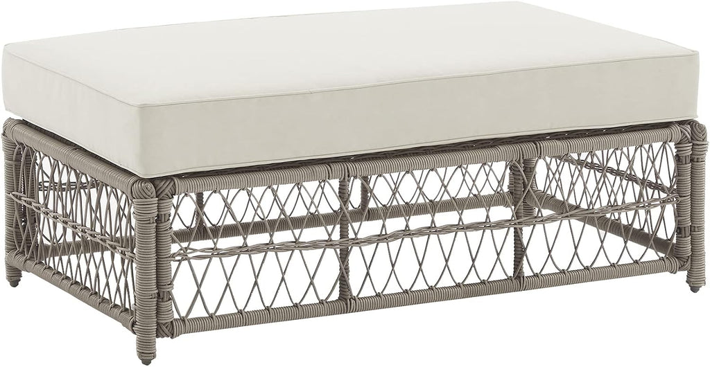 Crosley Furniture Thatcher Wicker Coffee Table and Ottoman Foot Rest for Porch, Deck, Backyard, Driftwood with Creme Cushions