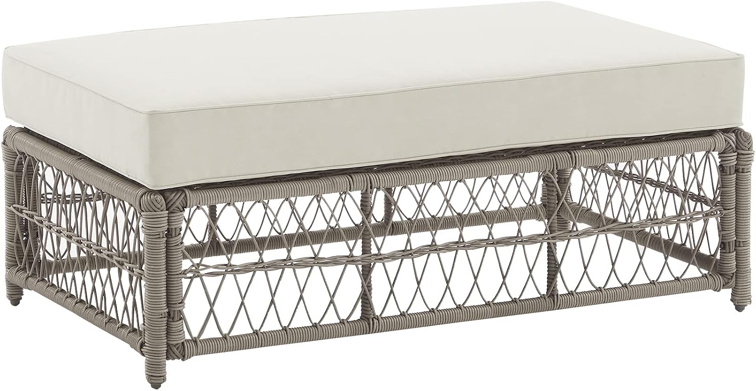 Crosley Furniture Thatcher Wicker Coffee Table and Ottoman Foot Rest for Porch, Deck, Backyard, Driftwood with Creme Cushions