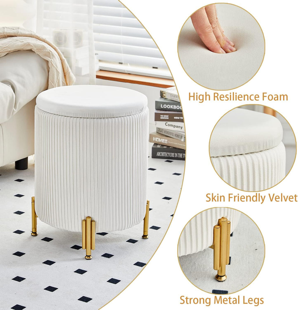 Round Ottoman Foot Stool with Storage and Metal Legs for Living Room Bedroom, Velvet Upholstered Footrest Stool Support 300lbs Modern Padded Seat Ottoman Coffee Table (Cream)