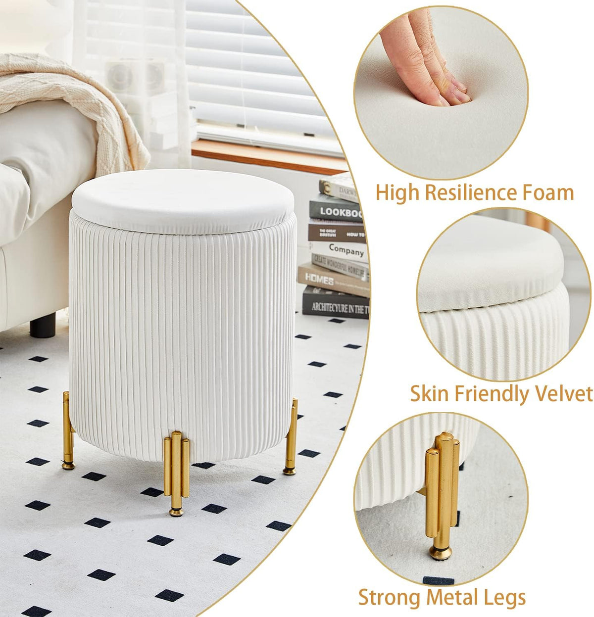 Round Ottoman Foot Stool with Storage and Metal Legs for Living Room Bedroom, Velvet Upholstered Footrest Stool Support 300lbs Modern Padded Seat Ottoman Coffee Table (Cream)