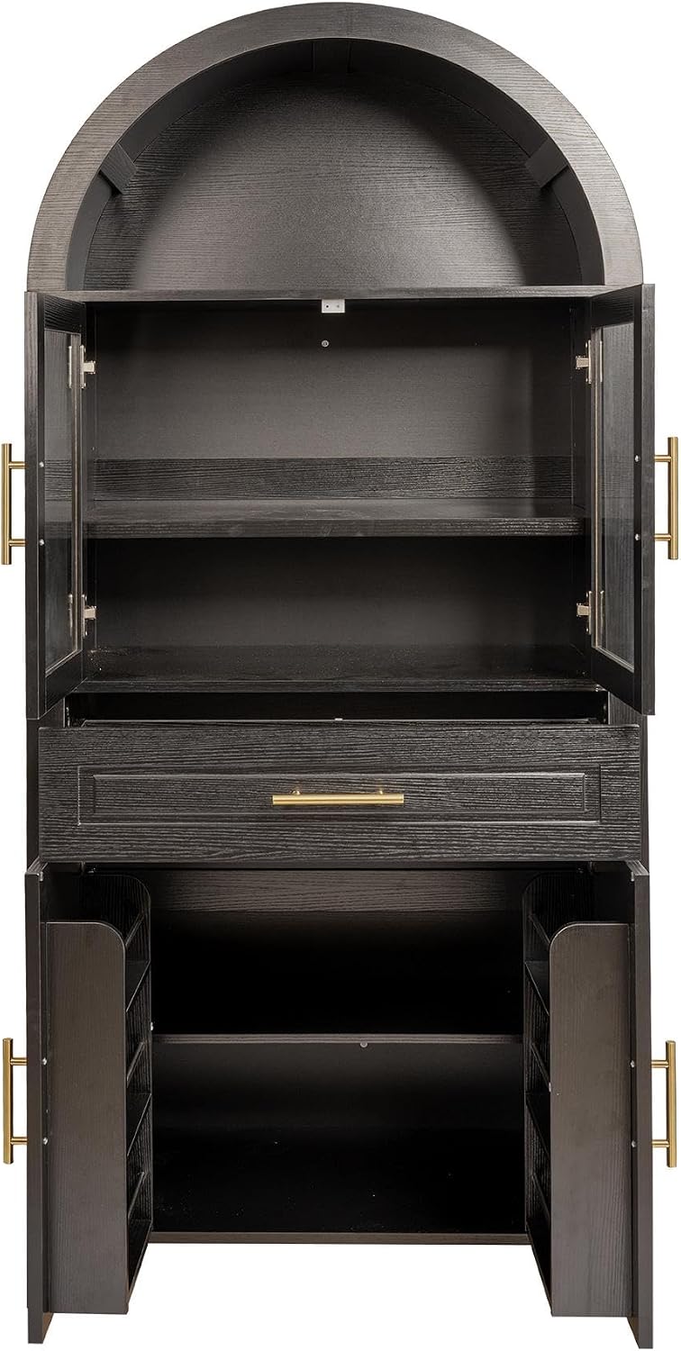 71" Tall Farmhouse Pantry Cabinet, Arched Glass Door Kitchen Storage Cabinet with Barn Door Design, Freestanding Buffet Cabinet with Adjustable Shelves for Kitchen,Living Room,Dining Room,Black