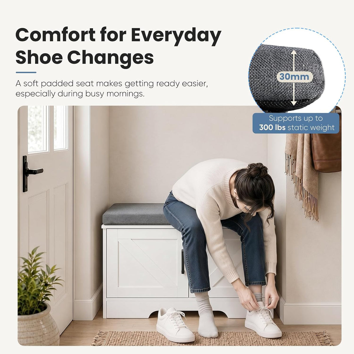 NEWBULIG Shoe Storage Bench for Entryway with Cushion, 27.6IN, White | Shoe Organizer Cabinet with Padded Cushion and Doors, Adjustable Shelves, Shoes Bench for Hallway, Mudroom, Bedroom