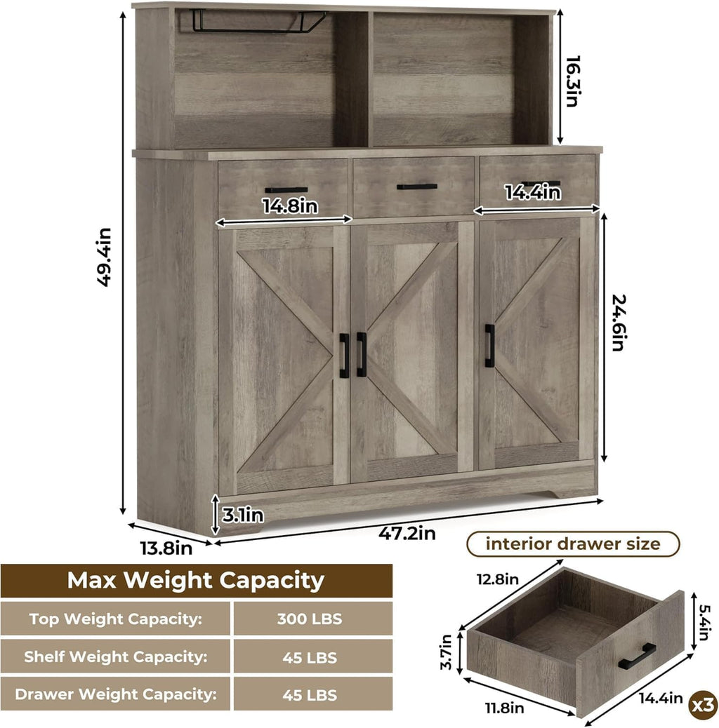 IDEALHOUSE Farmhouse Buffet Sideboard with Microwave Stand, Barn Door Storage Cabinet with Drawers and Shelves, Wood Coffee Bar for Kitchen, Dining Room, Living Room, Brown