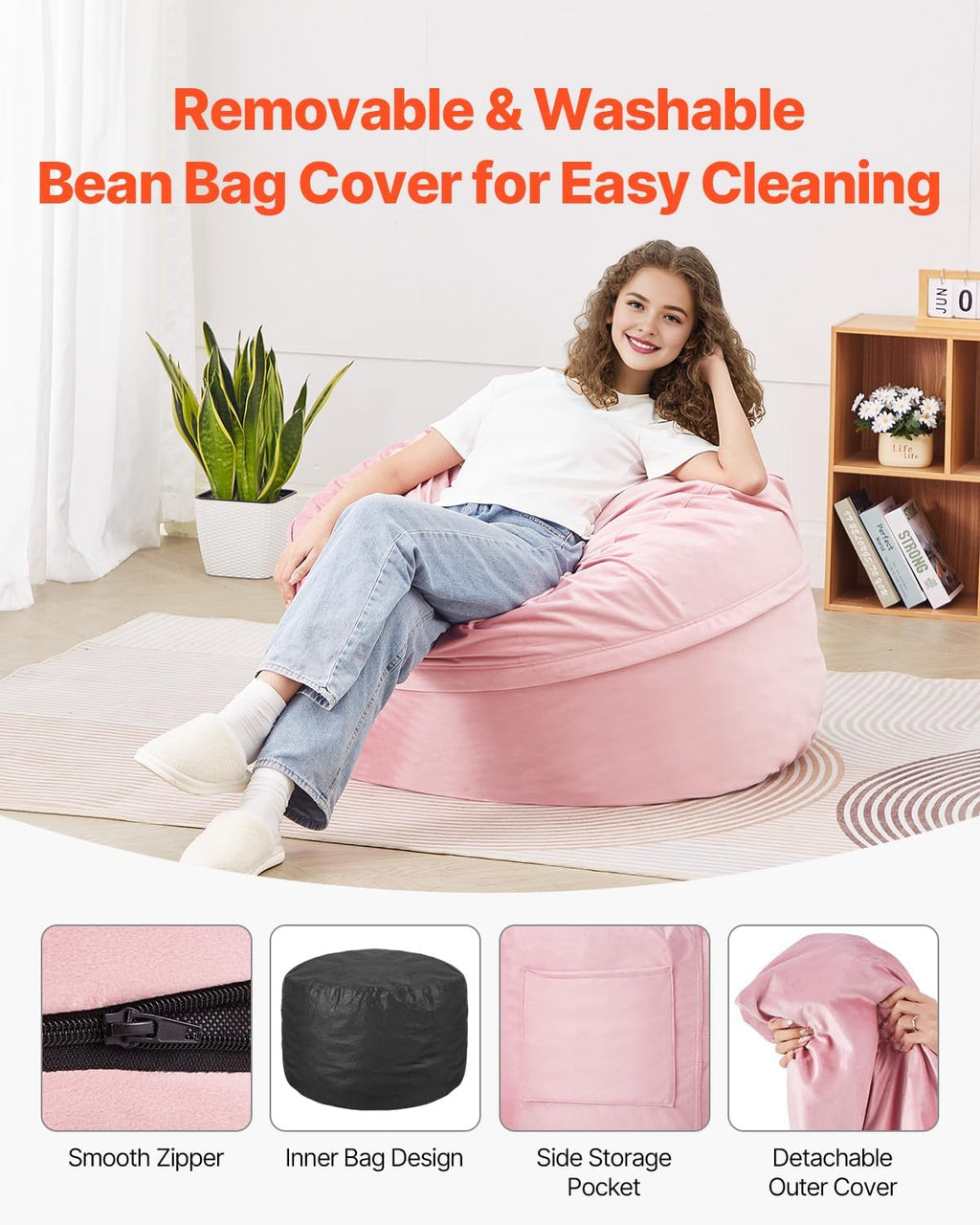 VEVOR Bean Bag Chair, 3 feet Round Bean Bag Chair with Removable and Washable Cover, 25D Memory Foam Filled with Soft and Smooth Dutch Velvet, Bean Bag for Bedroom or Playroom, Pink