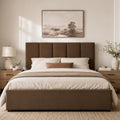 VELOCAVA King Size Storage Bed Frame with 4 Drawers, Upholstered Platform Bed with Under Bed Storage, Vertical Channel Headboard, Wood Slat Support, No Box Spring Needed, Warm Brown