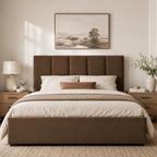 VELOCAVA King Size Storage Bed Frame with 4 Drawers, Upholstered Platform Bed with Under Bed Storage, Vertical Channel Headboard, Wood Slat Support, No Box Spring Needed, Warm Brown