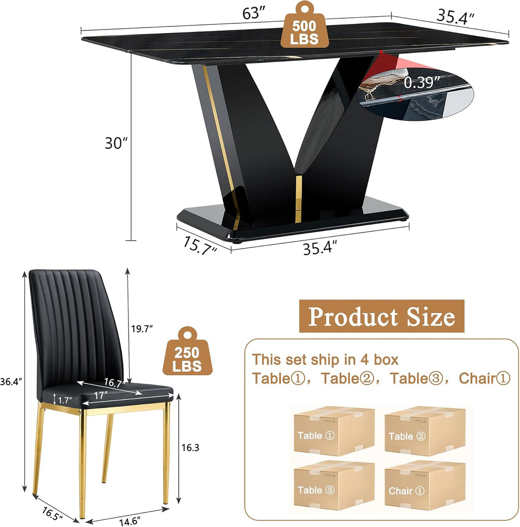 7 Pieces Modern Dining Table Set 63" Black Marble Dining Table Set for Rectangle Dining Room Table and 6 Black PU Leather Chairs for Kitchen, Office, Meeting Room, Restaurant