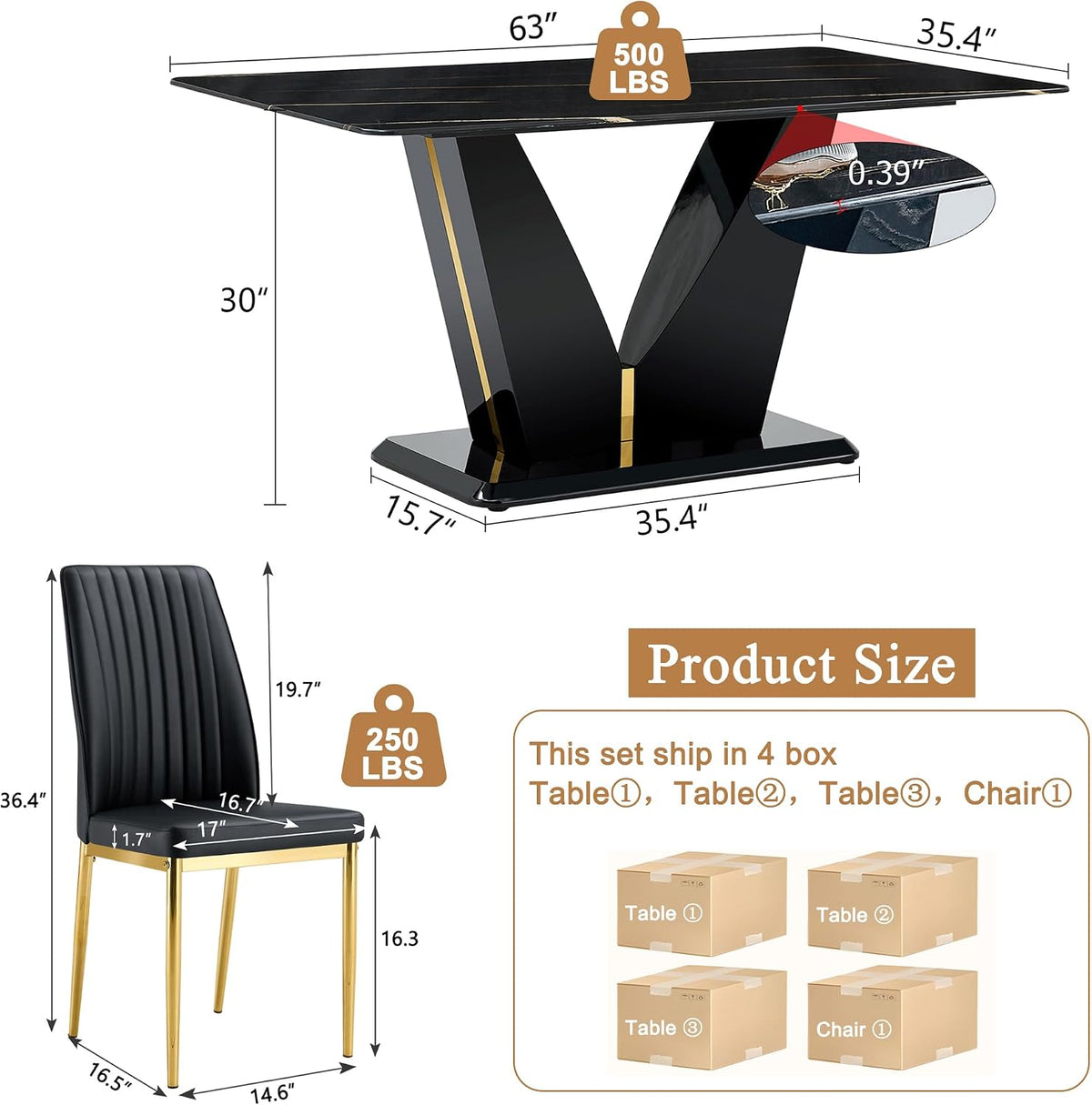 7 Pieces Modern Dining Table Set 63" Black Marble Dining Table Set for Rectangle Dining Room Table and 6 Black PU Leather Chairs for Kitchen, Office, Meeting Room, Restaurant