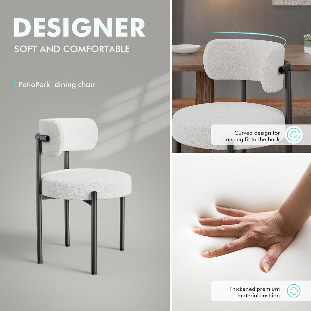 PatioPerk Boucle Dining Chairs Set of 6, White Mid Century Morden Chair with Curved Backrest, Round Upholstered Sherpa with Metal Legs, Suitable for Various Kitchen Styles
