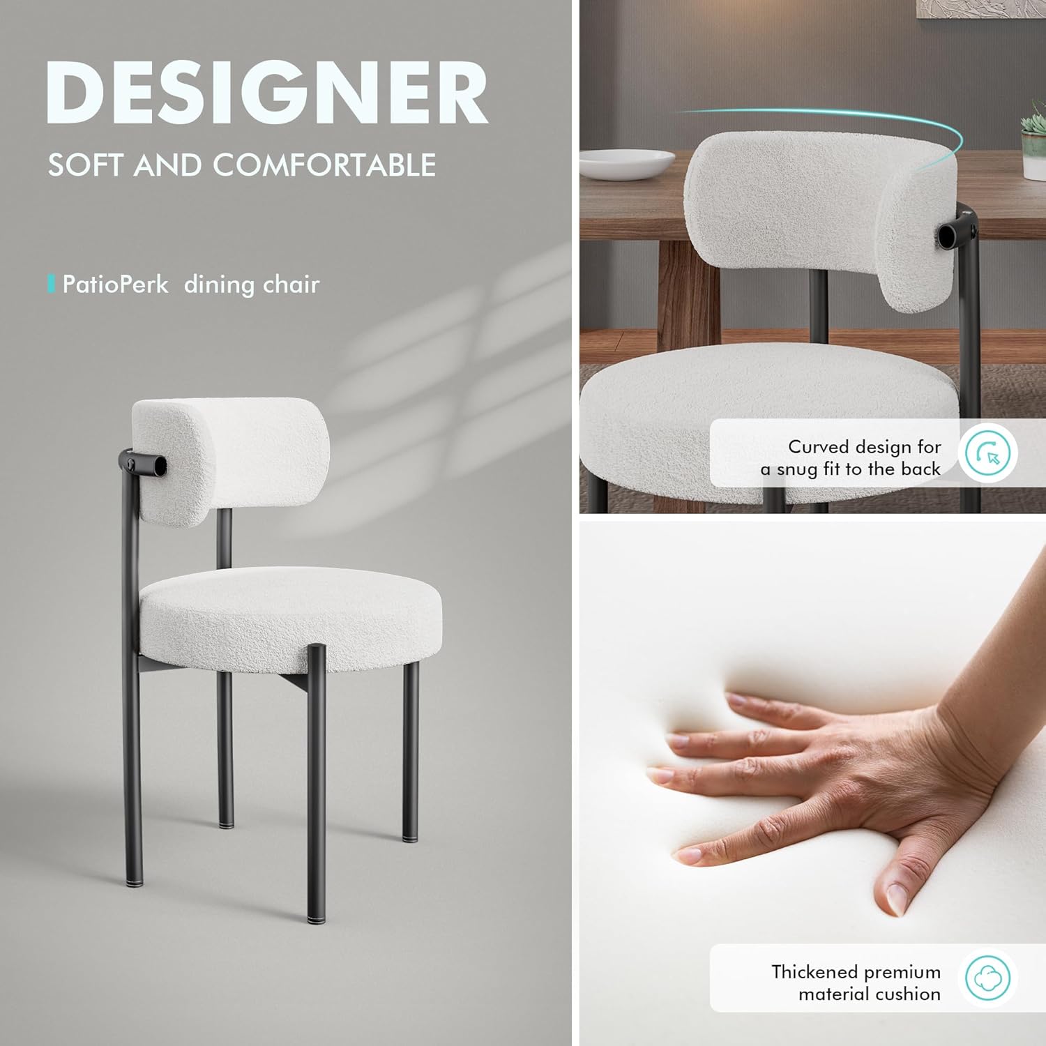 PatioPerk Boucle Dining Chairs Set of 6, White Mid Century Morden Chair with Curved Backrest, Round Upholstered Sherpa with Metal Legs, Suitable for Various Kitchen Styles