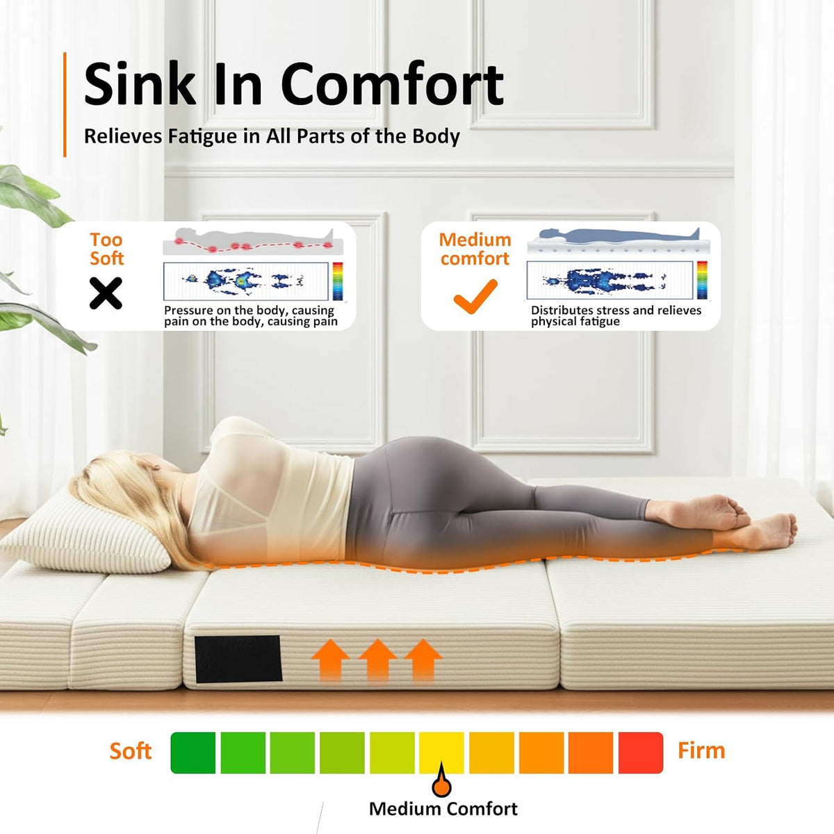 JKMAX Queen Size Folding Sofa Bed - 4 in 1 Convertible Sleeper Chair with Two Pillows - High Density Memory Foam Futon Couch - Foldable Bed for Living Room Bedroom (Beige)