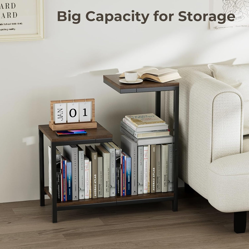 NUNET G-Shaped End Table with Storage Shelf – Rustic Brown Space-Saving Corner Table for Small Spaces, Living Room, Bedroom & Balcony | Multi-Use Side Table for Couch, Office, or Bedside