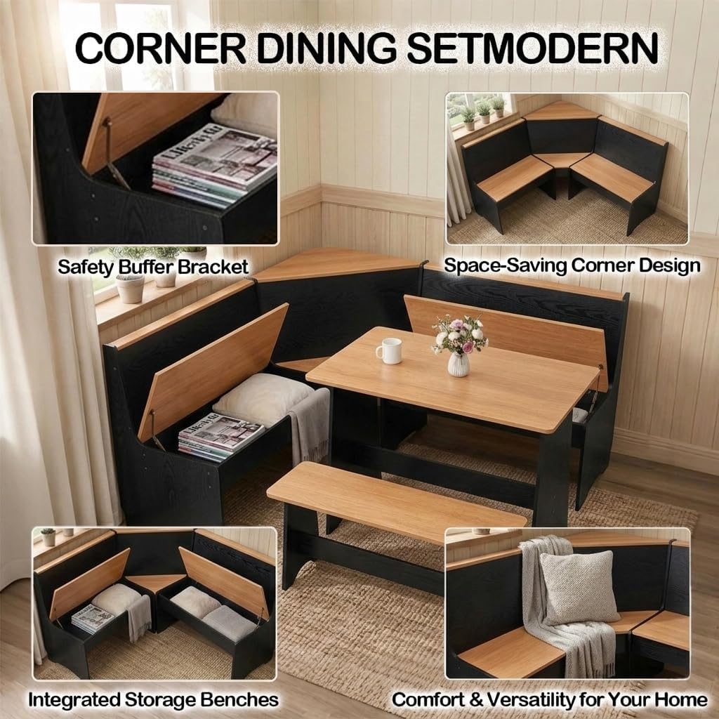 Farmhouse Breakfast Nook Table Set, Dining Nook Set with Corner Bench,with Storage Function Mid Century Modern Small Dining Table Set, Kitchen Table Corner Set (Yellow + Black)