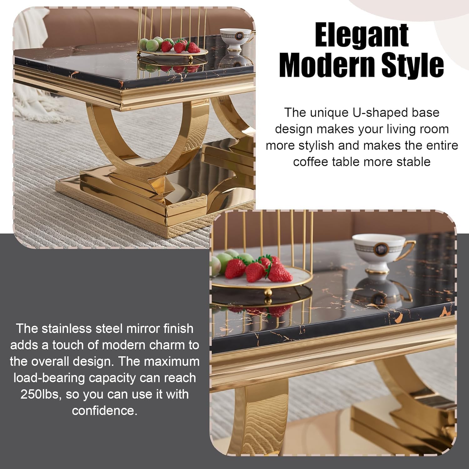 Marble Coffee Table Set of 3, Includes 1 Coffee Table with 2 Square End Side Tables, Luxury 3 Piece Living Room Table Set with Black Faux Marble Tabletop & Gold Stainless Steel Base