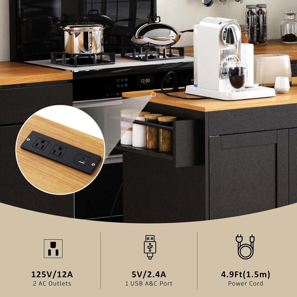 Kitchen Island Table with Seating with Extendable Dining Table, Side Spice Rack & Cabinet Storage Power Outlet， for Kitchen, Dining Room