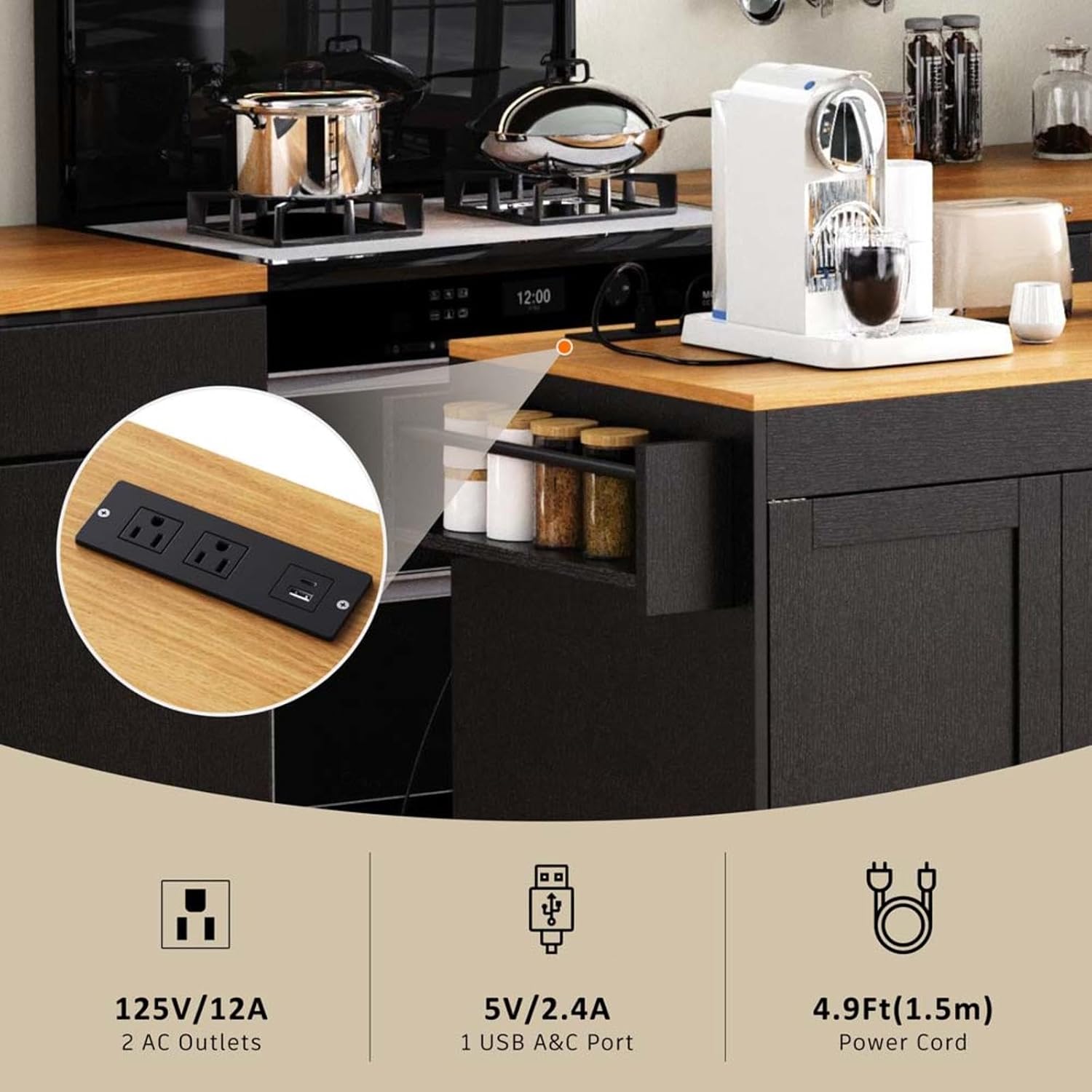 Kitchen Island Table with Seating with Extendable Dining Table, Side Spice Rack & Cabinet Storage Power Outlet， for Kitchen, Dining Room