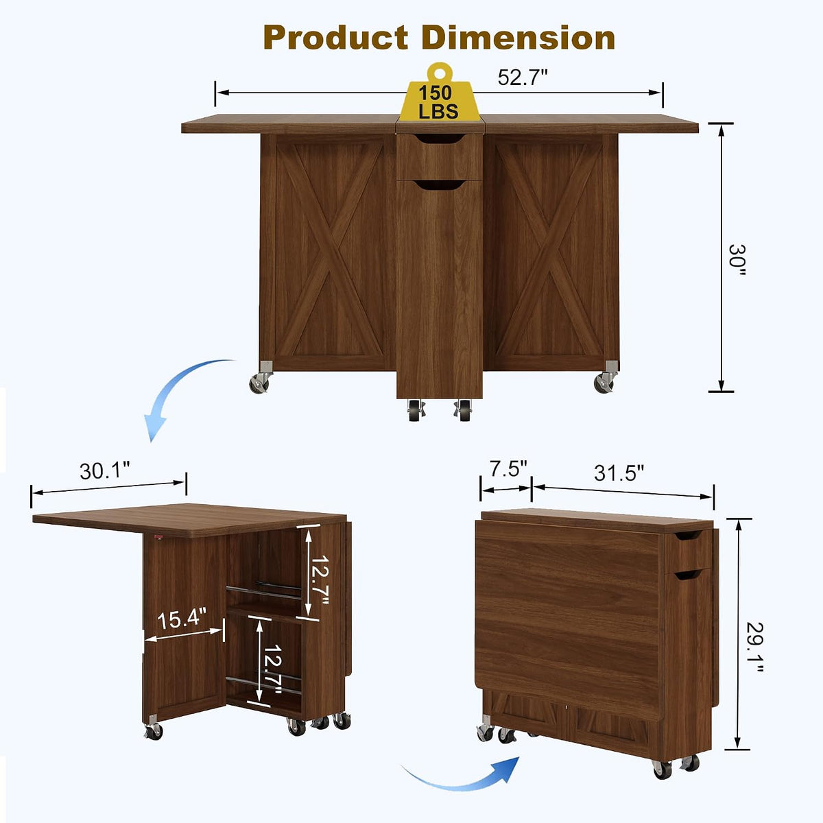 Folding Dining Table for 2-6, Designed for Small Spaces, Walnut | 52.7" Folding Dining Table with 6 Wheels, Drop Leaf Table with Drawers, Shelves and Wine Rack for Small Spaces