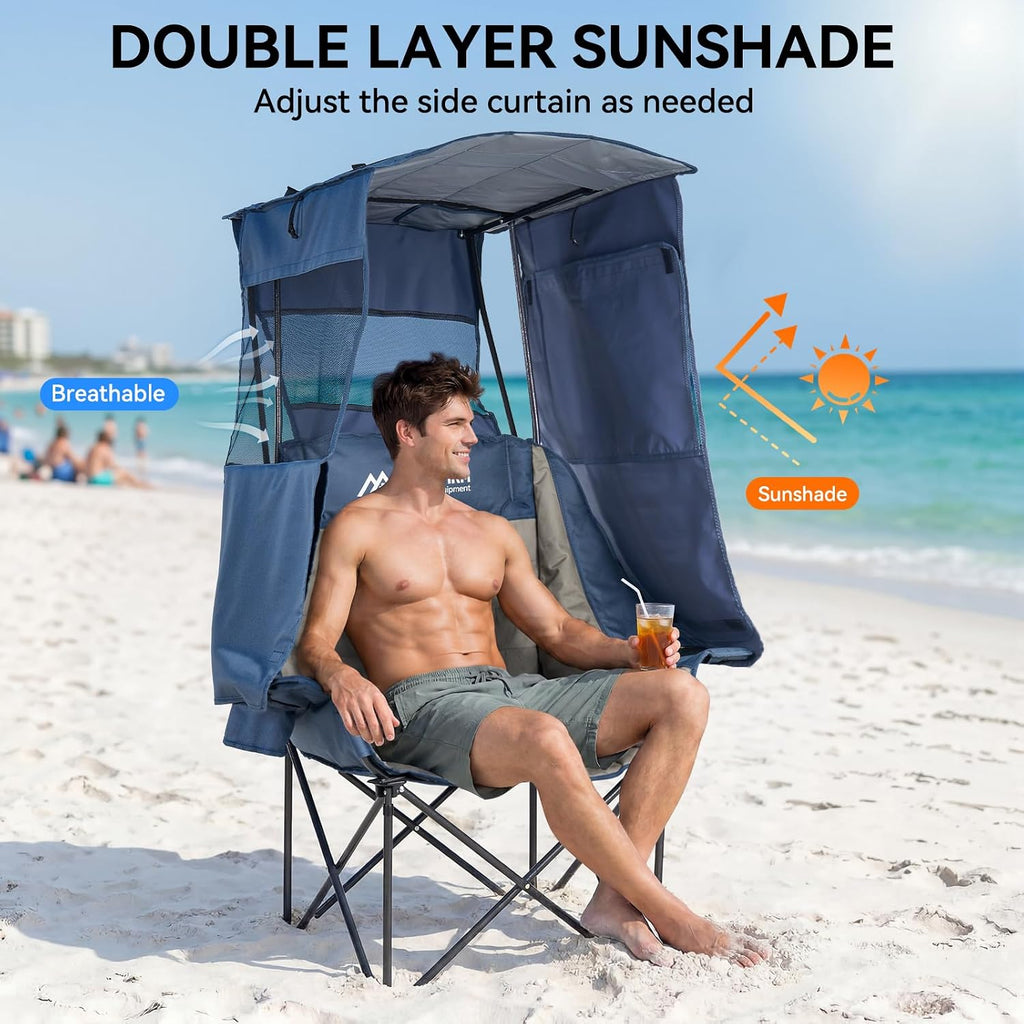 Huskfirm Camping Chair with Canopy Shade, Folding Oversized Beach Chair with Canopy, Heavy Duty Canopy Chair with Cup Holders, Carry Bag, Supports 400 lbs, for Beach, Sports, Fishing, Lawn Blue
