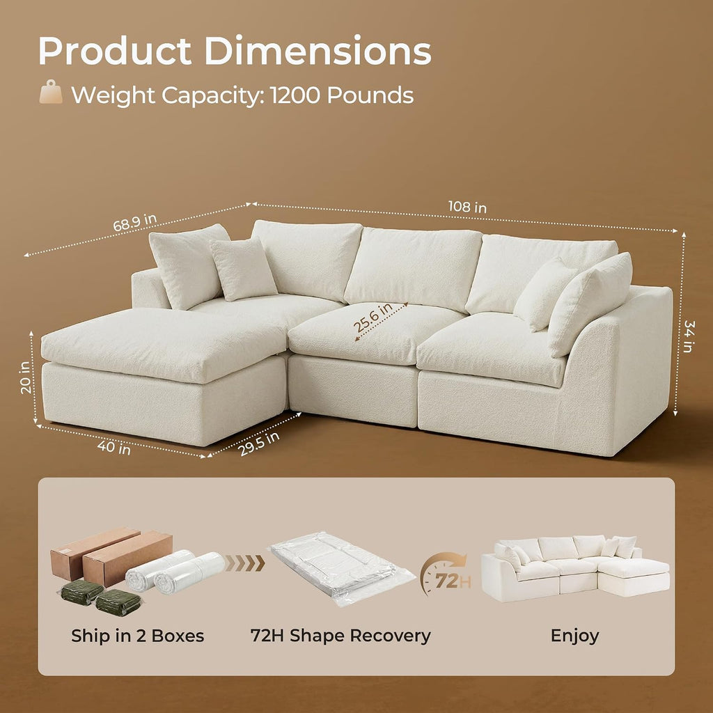 Amsleekey 108" Cloud Sectional Couch with 2 Washable Cover Sets | L-Shaped Modular Sofa with Ottoman, Deep Seat Couch for living room, DIY Covers in White and Green