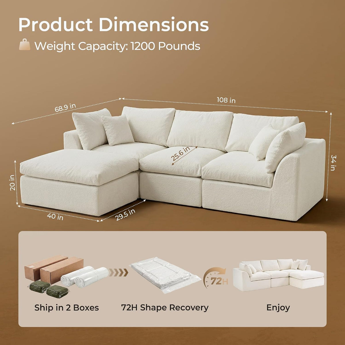 Amsleekey 108" Cloud Sectional Couch with 2 Washable Cover Sets | L-Shaped Modular Sofa with Ottoman, Deep Seat Couch for living room, DIY Covers in White and Green