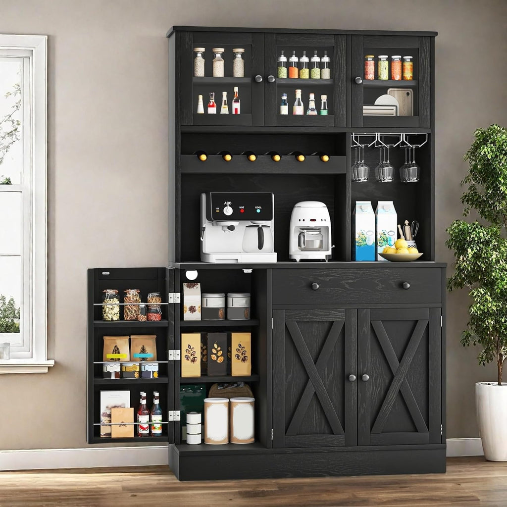 YITAHOME 71''H Kitchen Pantry Cabinet, Black Oak | Tall Cabinet with Drawer, Doors & Goblet Holder, Wine Rack, Power Outlet, For Kitchen & Living Room