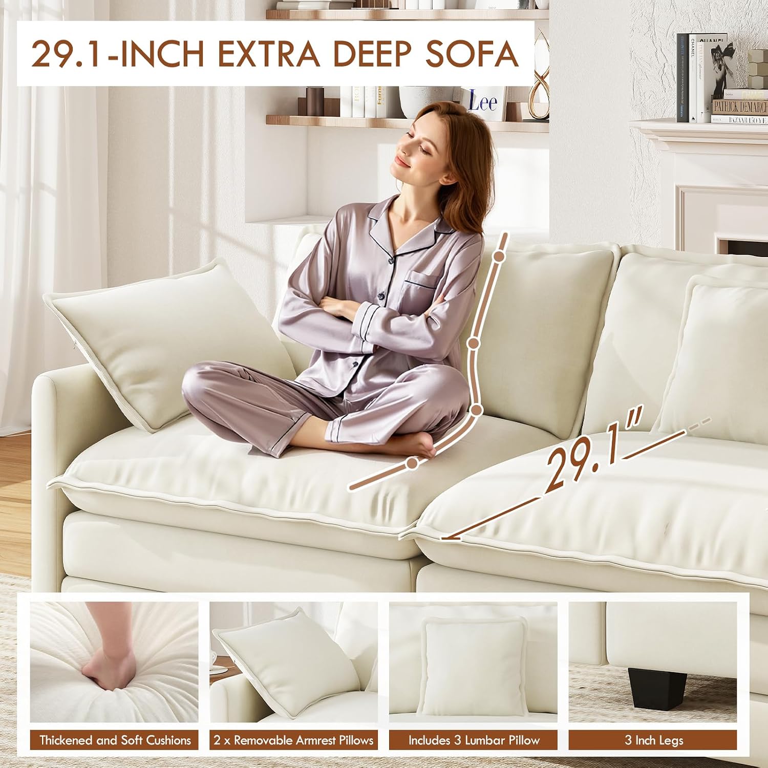 WorthFurni 111.4" Modular Sectional Sofa, U Shape Cloud Couch with 2 Movable Ottoman, Comfy Chenille Deep Seat Sofa with Soft Pillows for Living Room Bedroom Apartment (Beige)