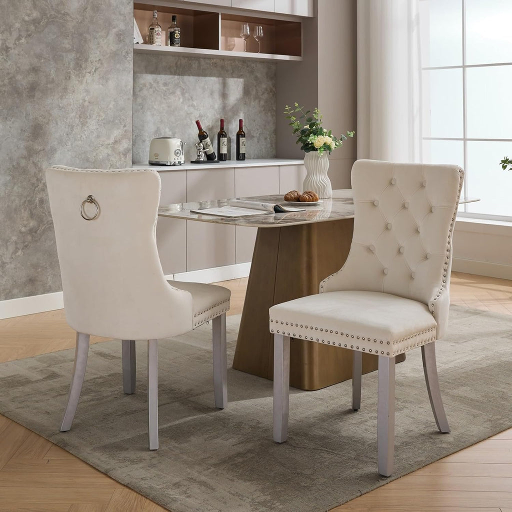 LKTART Dining Chairs Set of 6 Mid-Century Modern Chairs with Pull Ring, Velvet Upholstered Dining Chair with Wooden Legs Nailhead Trim for Kitchen Bedroom Dining Room (Beige)