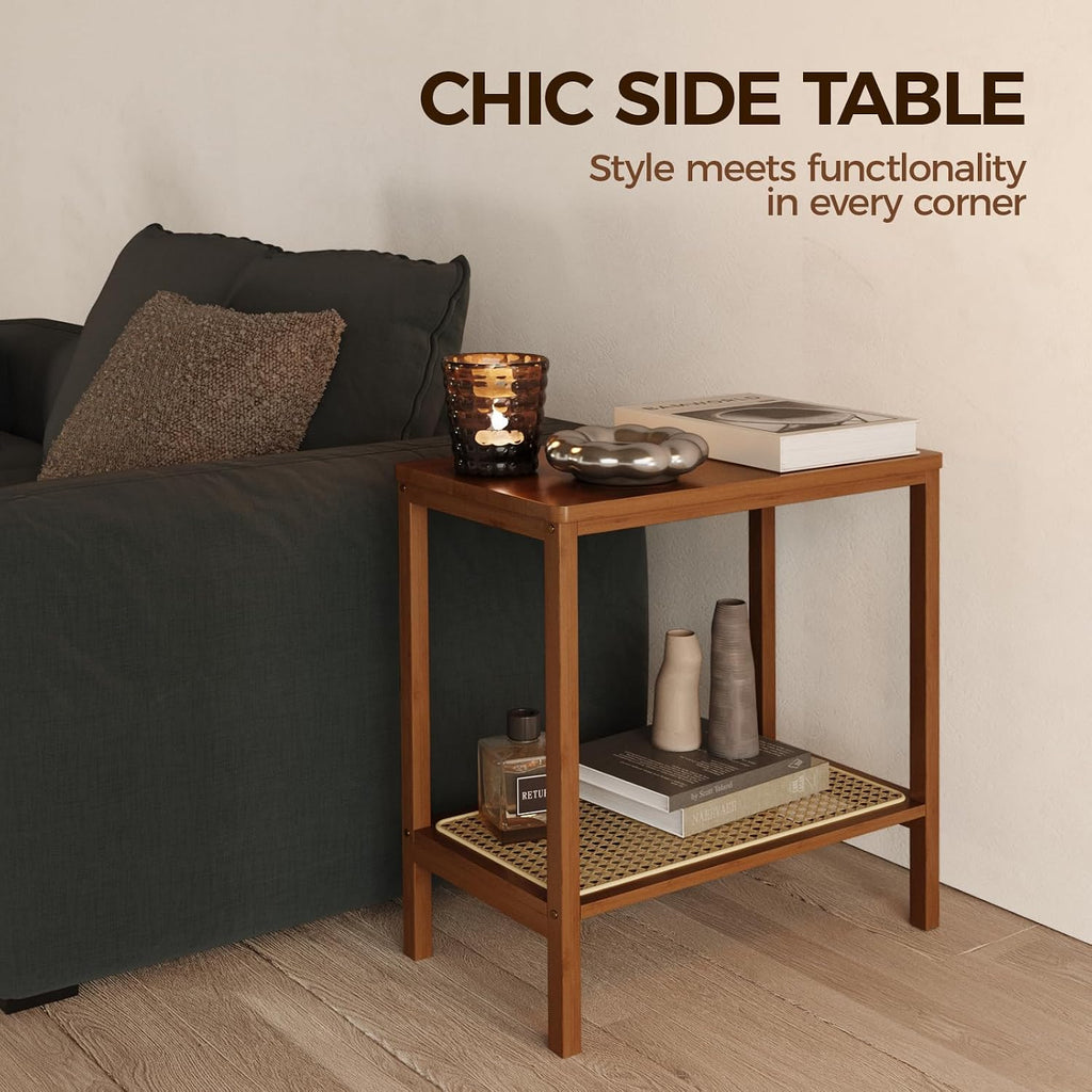 Rattan Side Table Mid Century Modern End Table Living Room 2-Tier End Table with Rattan Storage Shelves for Small Space Night Stand Narrow Coffee Table Boho Bamboo Small Bedside Table